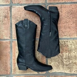 SAM EDELMAN ✨ NEW Oakland Croc-Embossed Black Leather Cowboy Boots Size 10.5 NIB